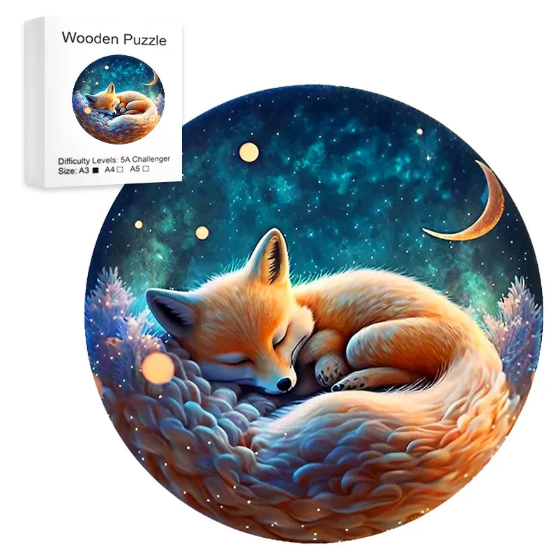 Sleeping Fox Round Wooden Puzzle Art, Uniquely Animal Shaped Pieces