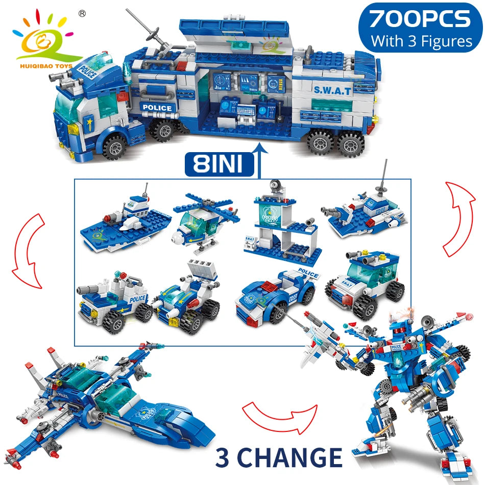 HUIQIBAO 700PCS 8in1 City Police Command Trucks Building Blocks