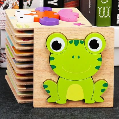 Baby High Quality 3D Wooden Puzzles Educational Cartoon Animals Early