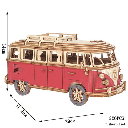 Retro Bus European-style Campervan 3D Wooden Car Puzzle DIY Sailing