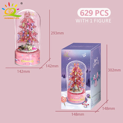 HUIQIBAO Pink Christmas Tree Series Music Box Building Blocks Santa