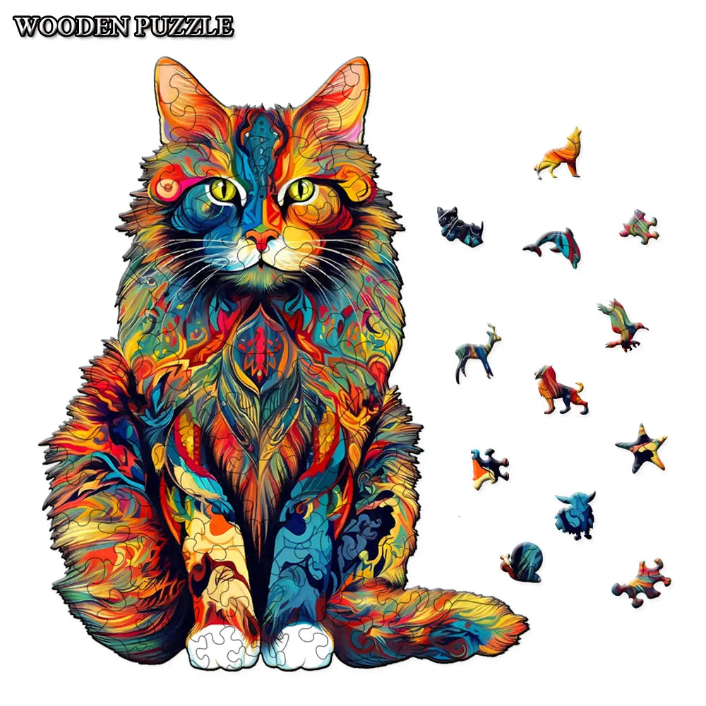 Color Changing Cat Wooden Puzzle Irregular Animal Shaped Wooden Puzzle