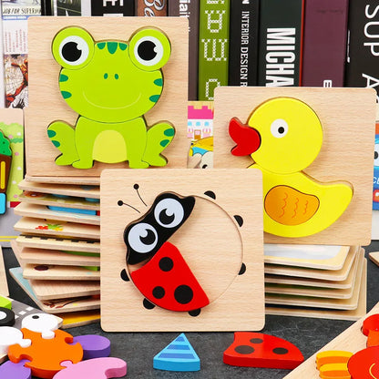 Baby High Quality 3D Wooden Puzzles Educational Cartoon Animals Early