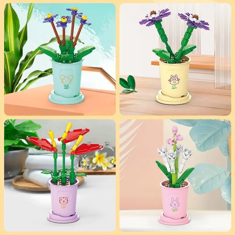 Creative Kawaii Milk Tea Cup Building Block Flower Bouquet Potted DIY