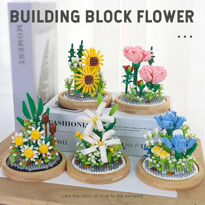 Sunflower In Glass Cove Dome Rose Bouquet Building Blocks DIY