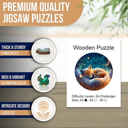 Sleeping Fox Round Wooden Puzzle Art, Uniquely Animal Shaped Pieces