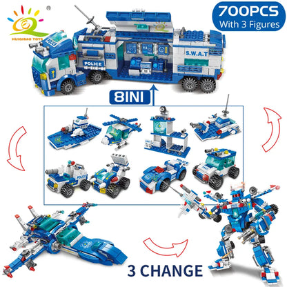 HUIQIBAO 700PCS 8in1 City Police Command Trucks Building Blocks