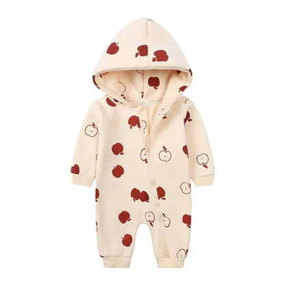 Cartoon Print Baby Girl Romper Long Sleeve Hooded Zipper Newborn