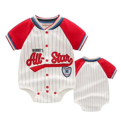 Newborn Infant Color Block Baseball Romper Short Sleeve Stripe Letter