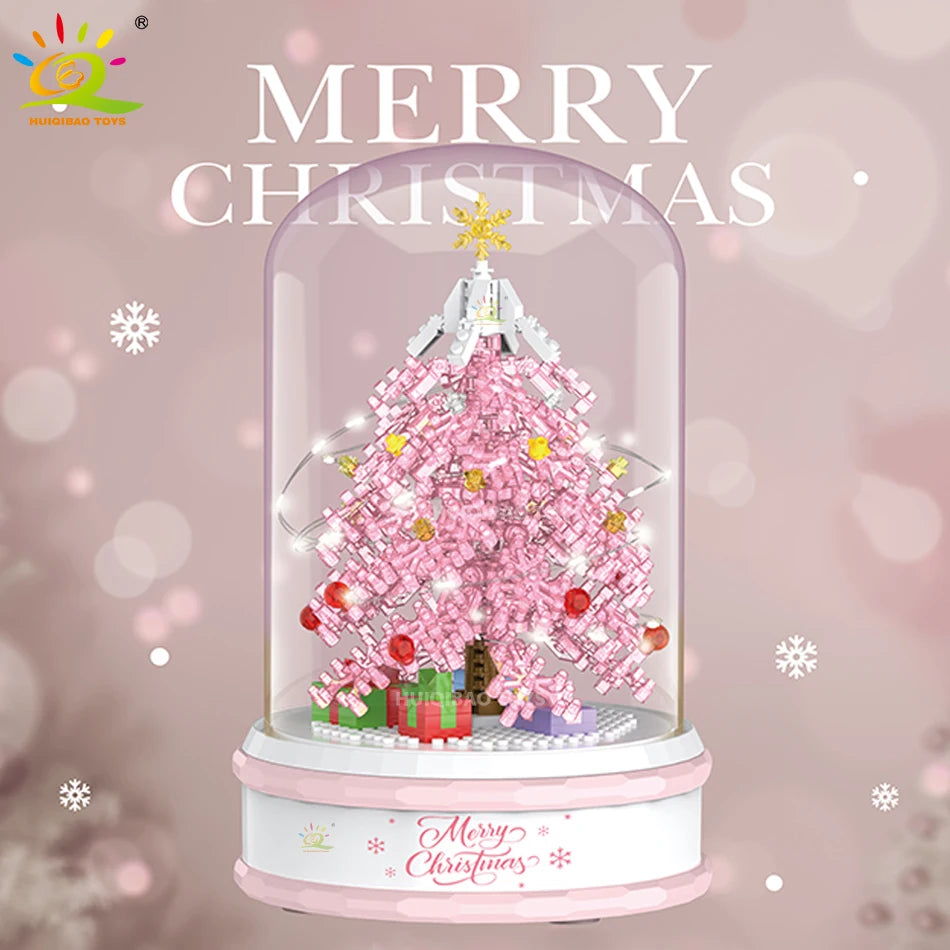 HUIQIBAO Ideas Christmas Tree Music Box Micro Building Blocks Pink