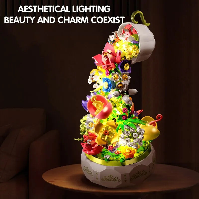 575PCS Teacup Flower Lighting Music Box Building Blocks Waterfall