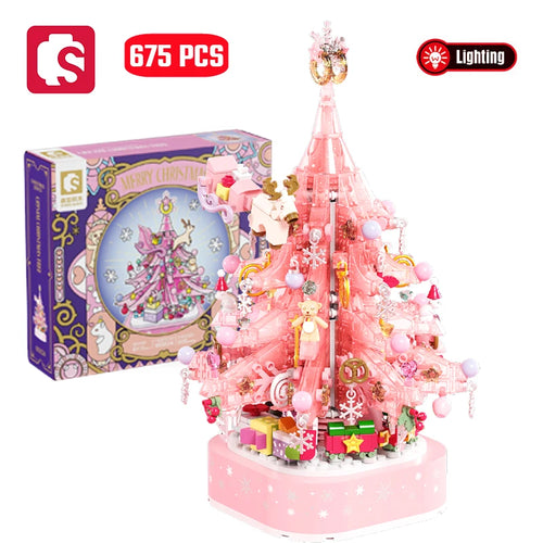 SEMBO New Pink Crystal Christmas Tree Building Blocks DIY Light Music