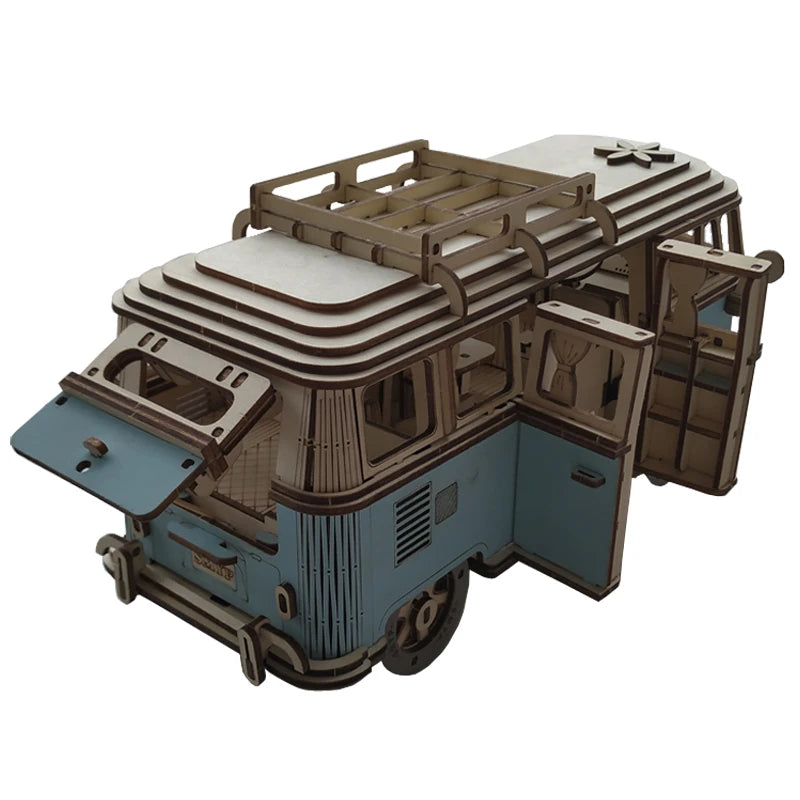 Retro Bus European-style Campervan 3D Wooden Car Puzzle DIY Sailing