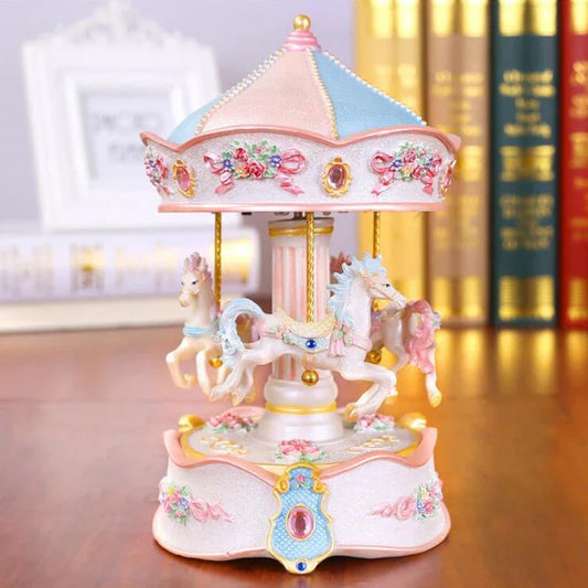 New Resin Carousel Music Box Decor LED Flash Lights Creative Birthday