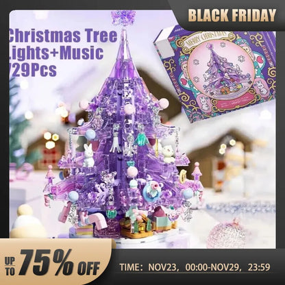 729PCS Purple Crystal Christmas Tree Music Box Building Blocks Kits