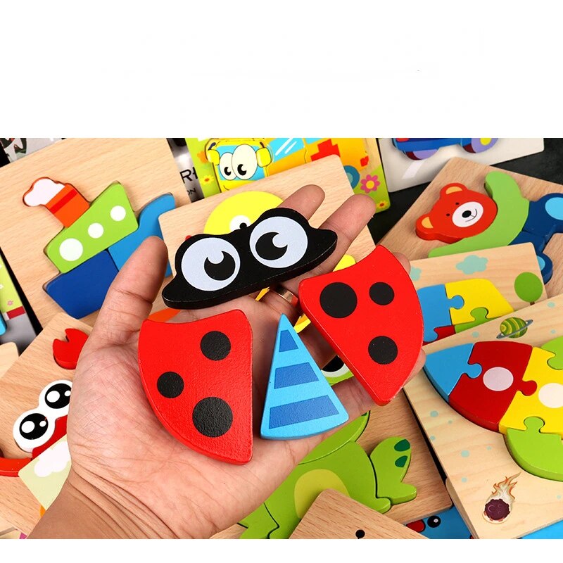 Baby High Quality 3D Wooden Puzzles Educational Cartoon Animals Early