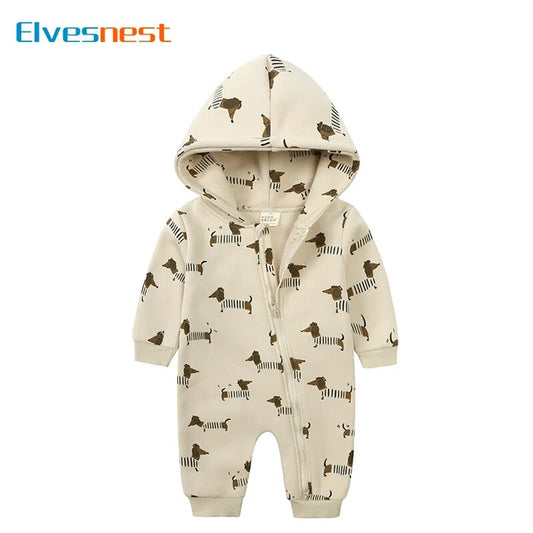 Cartoon Print Baby Girl Romper Long Sleeve Hooded Zipper Newborn