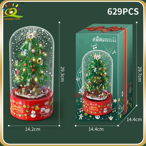 HUIQIBAO Pink Christmas Tree Series Music Box Building Blocks Santa