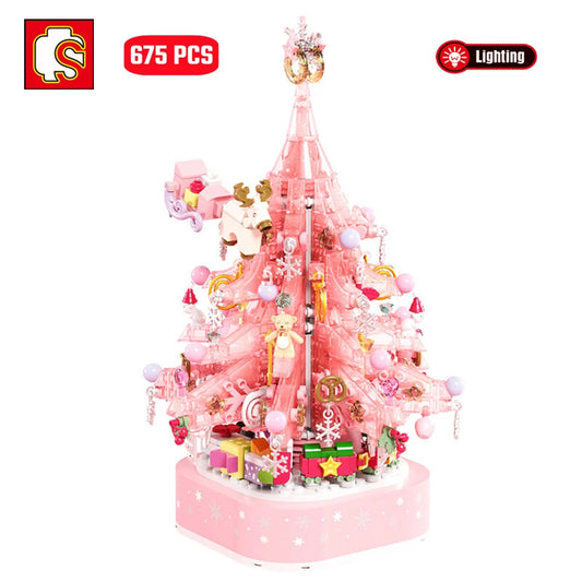 SEMBO New Pink Crystal Christmas Tree Building Blocks DIY Light Music