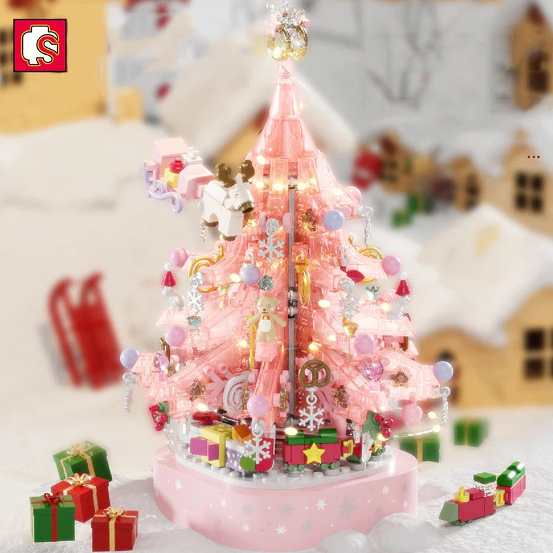 SEMBO New Pink Crystal Christmas Tree Building Blocks DIY Light Music