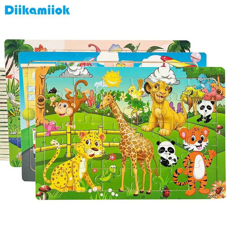 30 Pieces Wooden Jigsaw Puzzle Kids Cartoon Animal Vehicle Puzzles