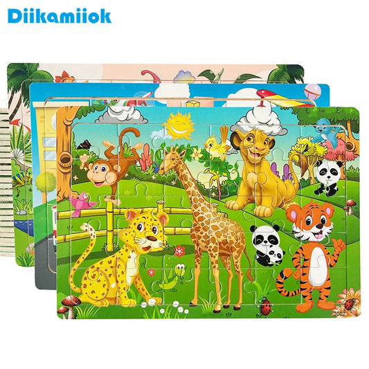 30 Pieces Wooden Jigsaw Puzzle Kids Cartoon Animal Vehicle Puzzles