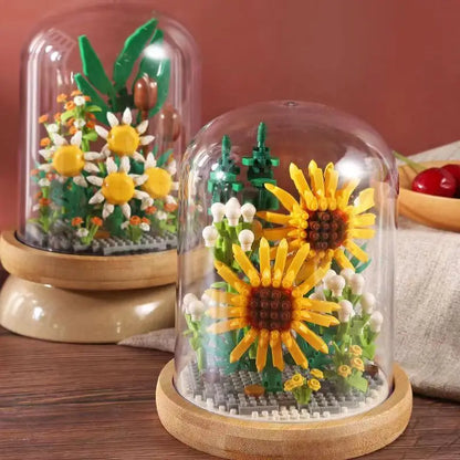 Sunflower In Glass Cove Dome Rose Bouquet Building Blocks DIY